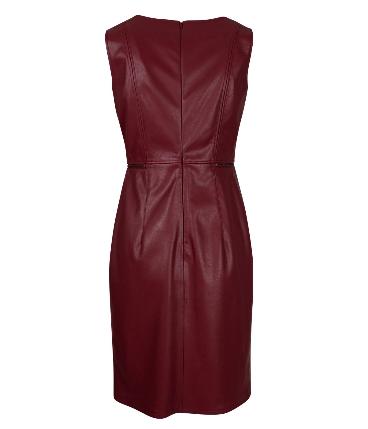 Faux leather sleeveless dress with round neckline and decorative zippers on the waist 1